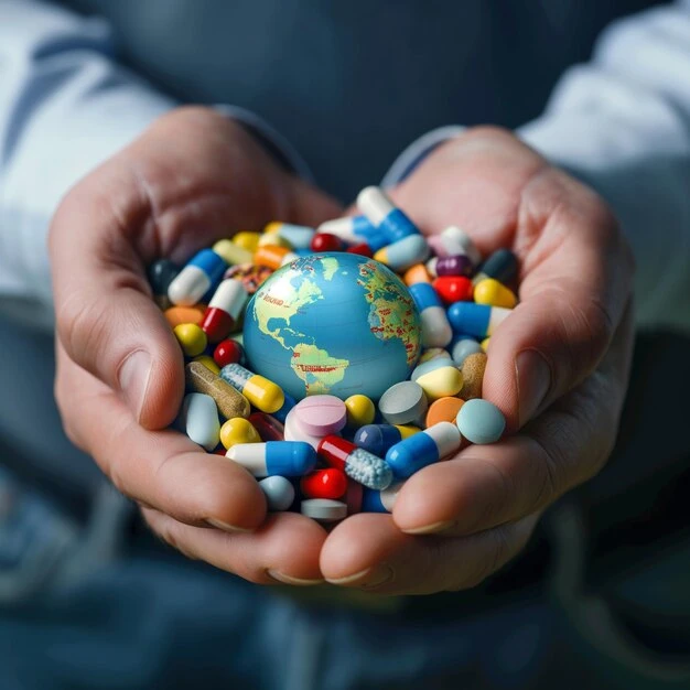 Mãos protegendo medicamentos ao redor de um globo terrestre